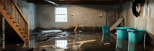 flooded basement, standing water, submerged floor, soggy carpet, water damage, teal chair, wooden stairs, small window, dim lighting, reflection on water surface, abandoned interior, damp walls, disas photo