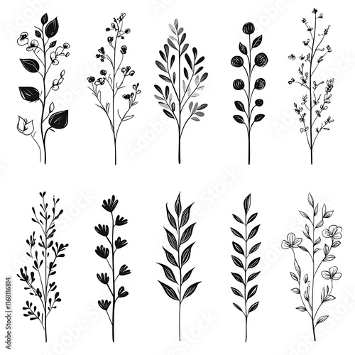Elegant Black and White Botanical Illustration Set