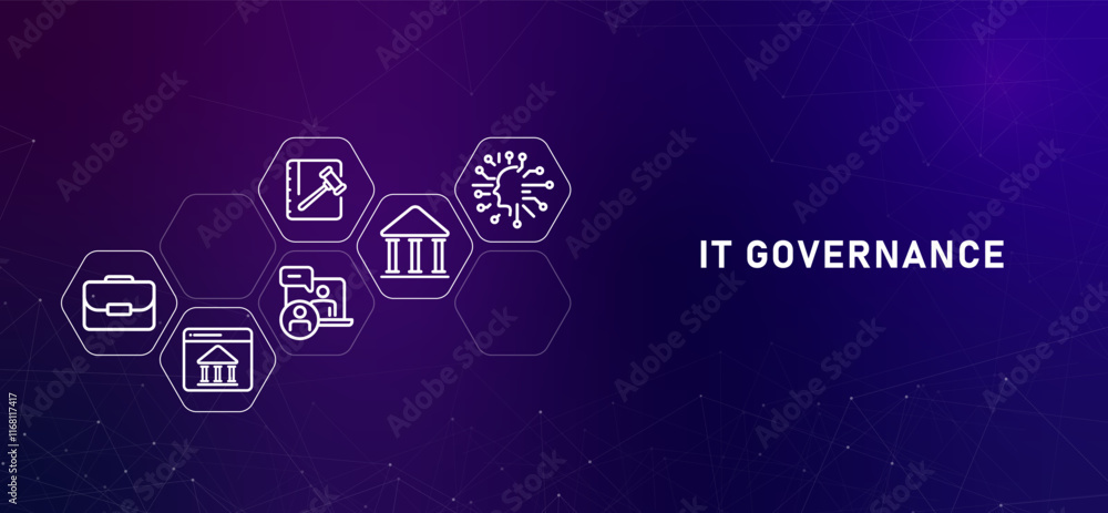 Fototapeta premium IT Governance gradient header digital policy oversight for information technology implementation in company or public sector safety government rules system