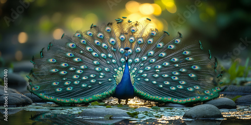 majestic peacock feathers fanned out in a semicircle, each feather shimmering with iridescent colors