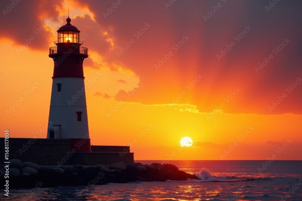 Towering lighthouse stands alone against a warm orange sky at sunset, sunset, coastal Towering lighthouse stands alone against a warm orange sky at sunset, sunset, coastal