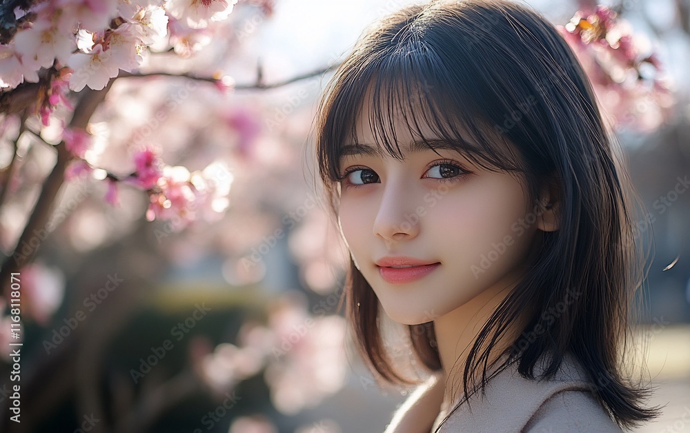 Smiling Asian woman, with cherry blossom in background. Smiling Asian woman, with cherry blossom in background.