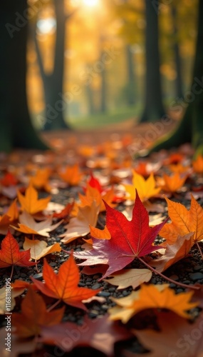 Vibrant autumn leaves scattered on blurred forest floor, woodland, red, natural