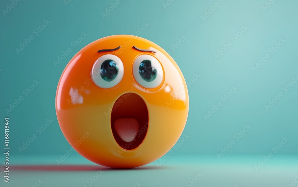 Shocked yellow emoticon with wide eyes and open mouth on teal. Shocked yellow emoticon with wide eyes and open mouth on teal.