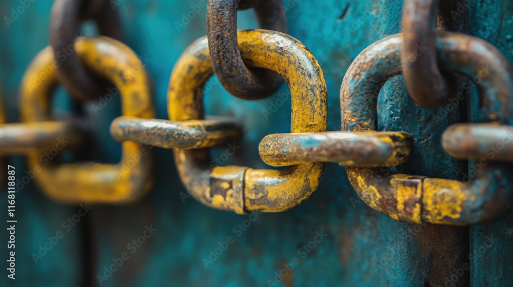 Rusty metal chains with weathered blue background create striking visual. close up view highlights texture and color contrast, evoking sense of strength and durability Rusty metal chains with weathered blue background create striking visual. close up view highlights texture and color contrast, evoking sense of strength and durability