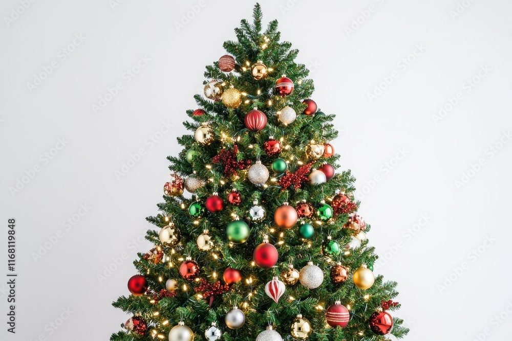 Fototapeta premium A beautifully decorated Christmas tree with red, gold, and green ornaments, sparkling lights, and festive berries.