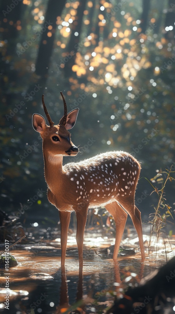 A spotted deer stands in a sunlit clearing in the forest, looking out at the viewer. A spotted deer stands in a sunlit clearing in the forest, looking out at the viewer.