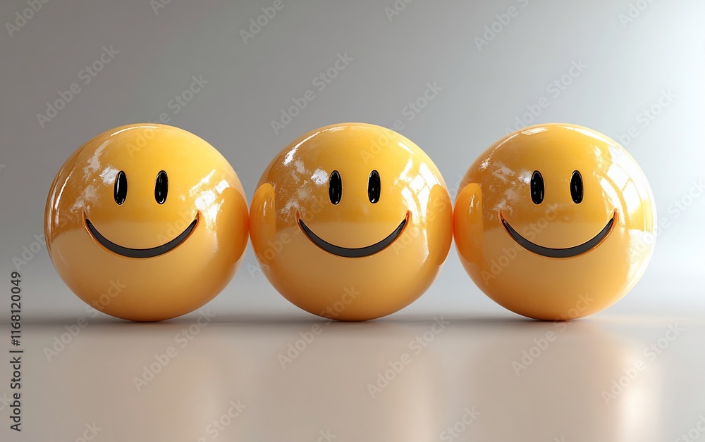 Three yellow smiley faces arranged in a row against a light background. Three yellow smiley faces arranged in a row against a light background.