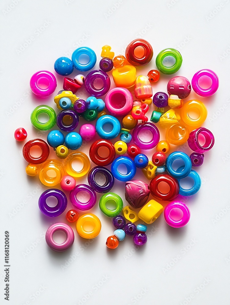 Colorful plastic beads scattered on white background. Colorful plastic beads scattered on white background.