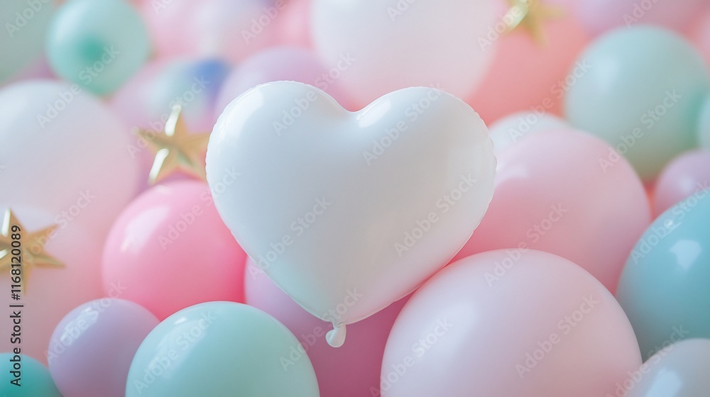 White heart-shaped balloon among pastel balloons and stars. White heart-shaped balloon among pastel balloons and stars.