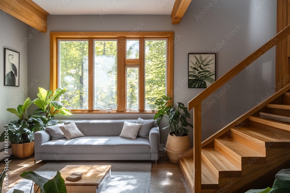 Modern living room with large window, wooden stairs, and plants. Modern living room with large window, wooden stairs, and plants.