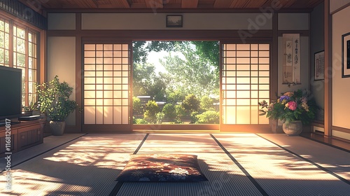 Peaceful zen room traditional house interior design calm nature photo