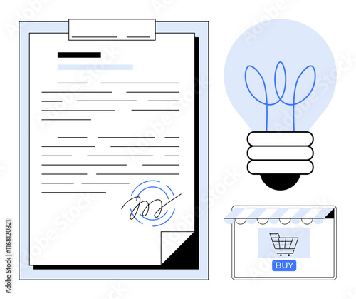 Signed contract clipboards next to a lightbulb idea and an online shopping cart icon with BUY button. Ideal for business concepts, innovation, e-commerce, legal agreements, partnerships, online