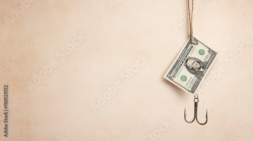 The Lure of Financial Success:  A single dollar bill hangs from a fishing hook, representing the allure of wealth and the pursuit of financial gain. photo