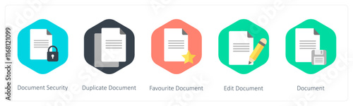 A set of 5 mix icons as document security, duplicate document, favorite document