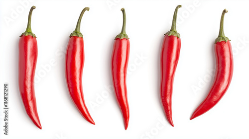 Spicy Red Chili Peppers: A vibrant row of five red chili peppers, positioned against a clean background. They are arranged in a linear fashion, making for a visually appealing and dynamic composition.