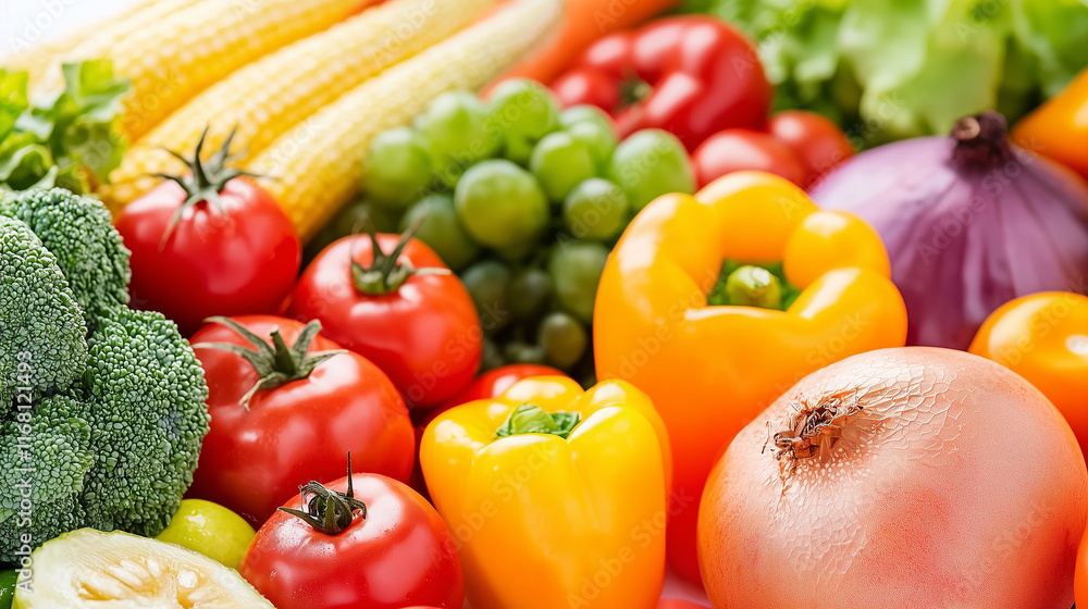 Vibrant Vegetable Harvest: A bountiful mix of fresh, colorful vegetables, including bell peppers, tomatoes, corn, broccoli, grapes, and onions, showcasing the beauty and abundance of nature's harvest. Vibrant Vegetable Harvest: A bountiful mix of fresh, colorful vegetables, including bell peppers, tomatoes, corn, broccoli, grapes, and onions, showcasing the beauty and abundance of nature's harvest.