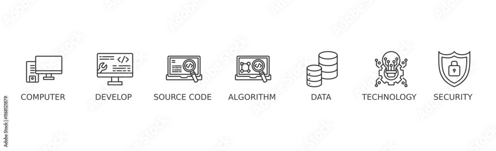 Programming banner web icon vector illustration concept with icon of computer, develop, source code, algorithm, data, technology and security Programming banner web icon vector illustration concept with icon of computer, develop, source code, algorithm, data, technology and security
