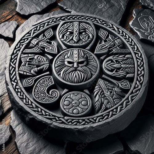 Basalt adorned with Norse motifs perfect for Viking inspired gea photo