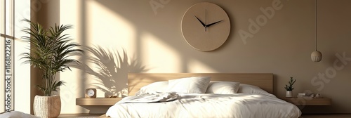 Minimalist bedroom, sunlit interior, white bedding, wooden bed frame, large round wall clock, potted palm plant, natural light, shadow patterns, beige tones, zen atmosphere, Japanese-inspired design, 