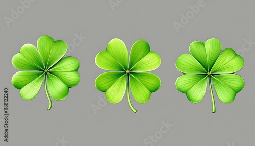 Three Vibrant Green Four Leaf Clovers Grey Background Illustration