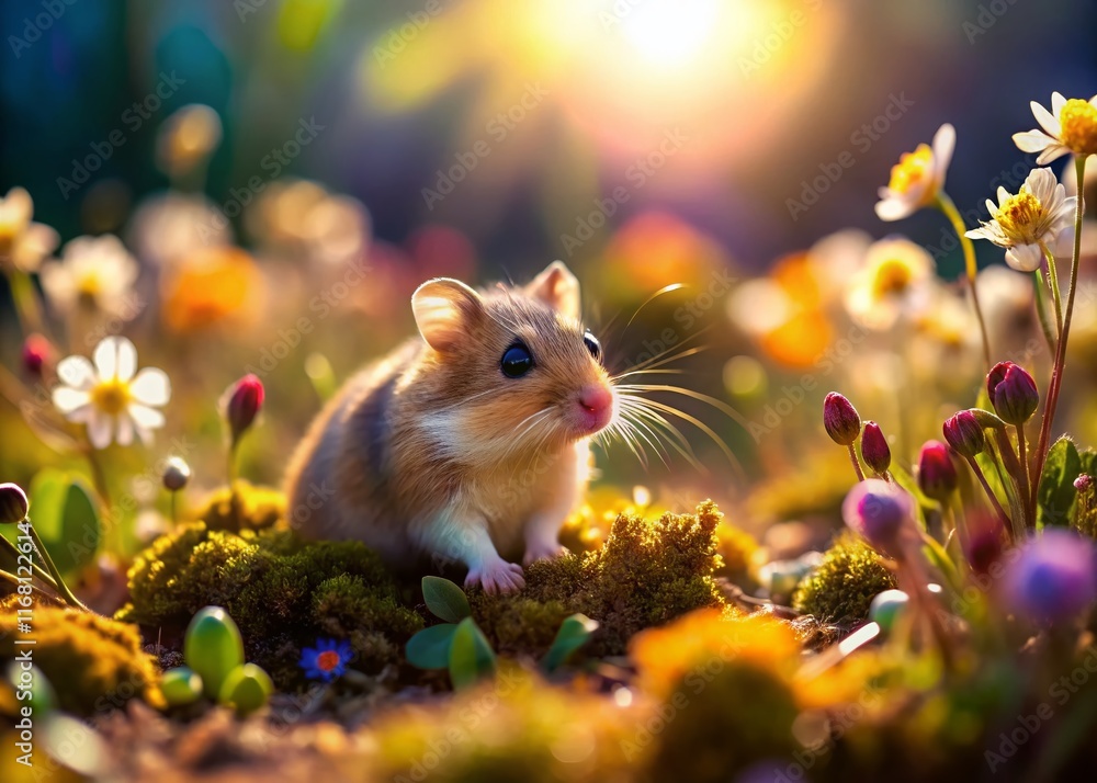 Adorable Tiny Hamster in a Miniature Landscape, Scenic Nature Background Adorable Tiny Hamster in a Miniature Landscape, Scenic Nature Background