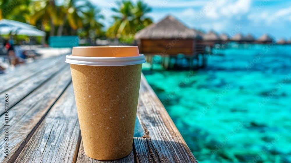 Serene View of Coffee Cup on Wooden Deck Overlooking Tropical Ocean and Luxury Bungalows in a Paradise Setting Serene View of Coffee Cup on Wooden Deck Overlooking Tropical Ocean and Luxury Bungalows in a Paradise Setting