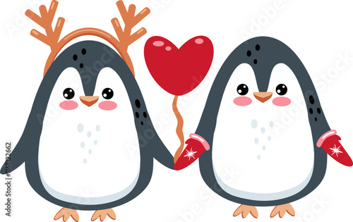 Cute couple of penguins characters in love. Valentine day concept.