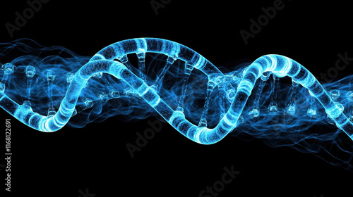 glowing blue DNA double helix symbolizes life and rebirth, showcasing intricate structure of genetic material against dark background photo