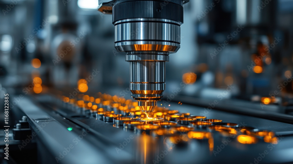 Precision microscope in manufacturing environment, showcasing intricate details of metal components. warm glow of machinery highlights advanced technology used in production Precision microscope in manufacturing environment, showcasing intricate details of metal components. warm glow of machinery highlights advanced technology used in production