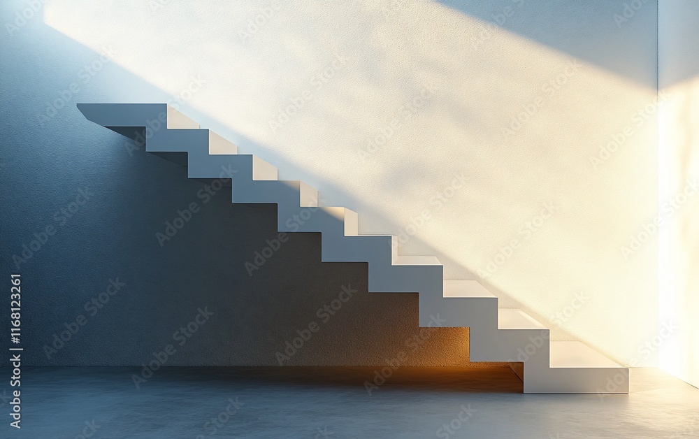 Sunlit stairs ascend in a concrete room with shadows. Sunlit stairs ascend in a concrete room with shadows.