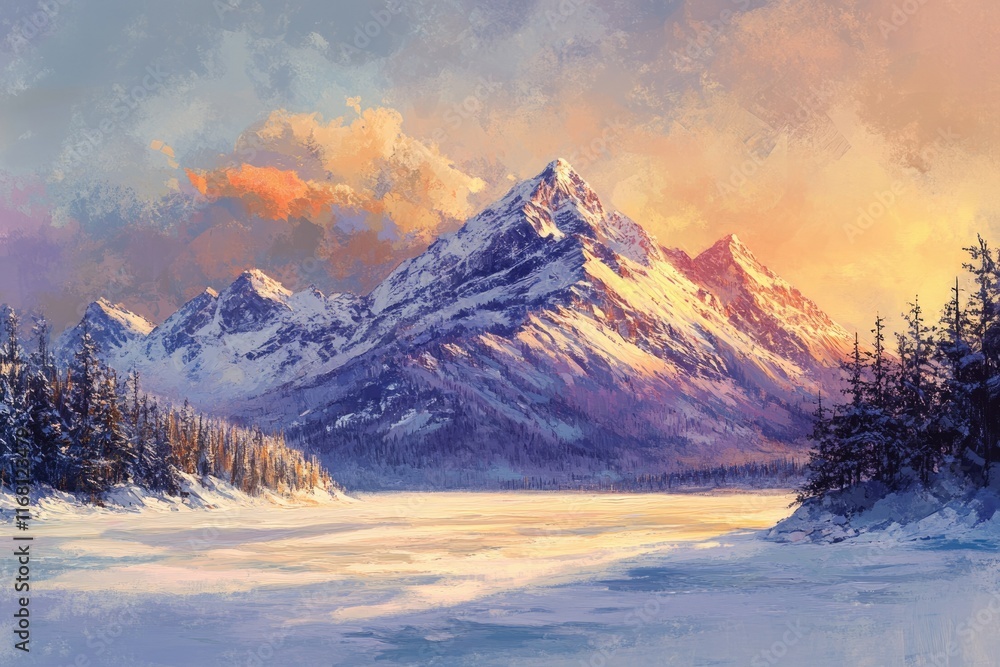 Fototapeta premium Majestic snow-capped mountains at sunset, reflecting on a frozen lake, creating a serene winter landscape.