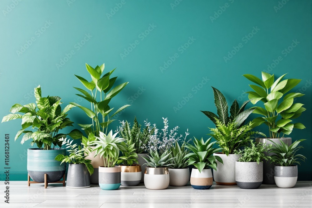 Fototapeta premium Indoor houseplants in stylish pots on a wooden floor, minimalistic teal background, showcasing modern and aesthetic greenery decor concept. Ai generative