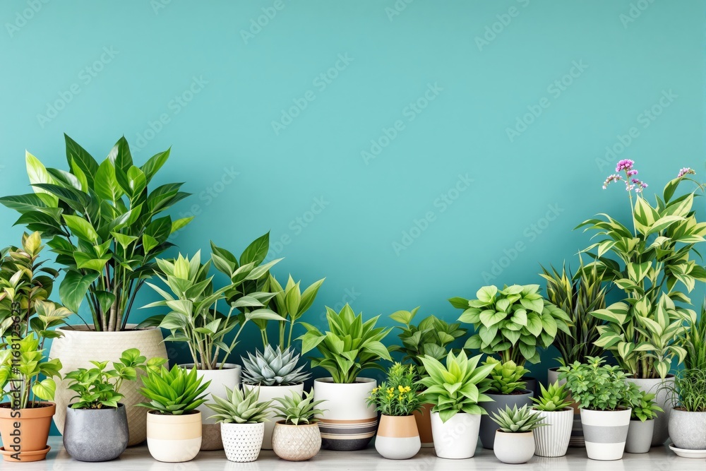 Obraz premium A variety of lush potted houseplants with green leaves in diverse ceramic pots, set against a teal background. Concept of home decor and indoor gardening. Ai generative