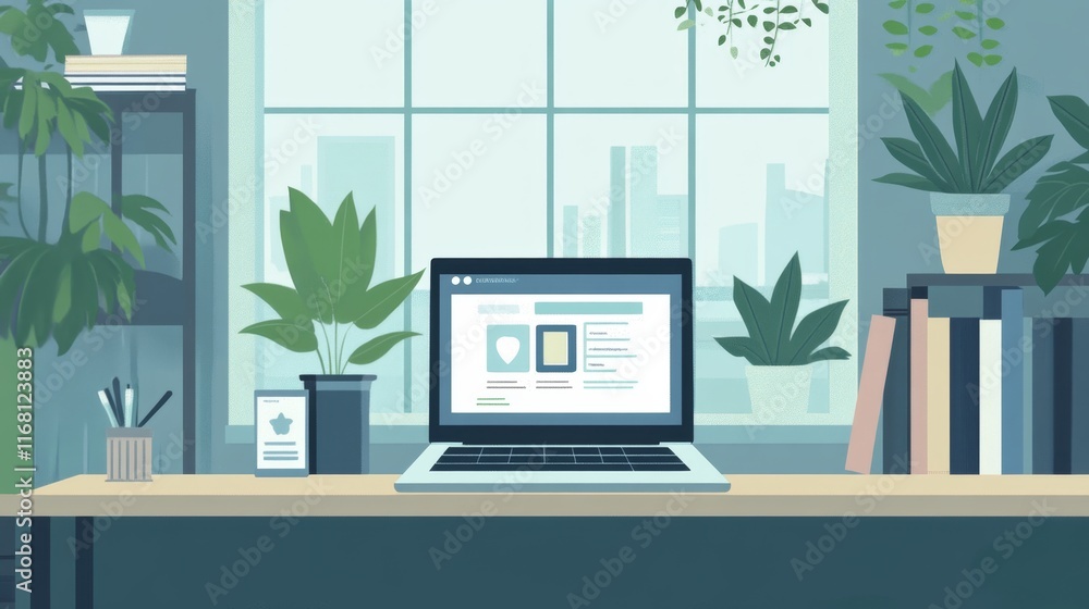 Fototapeta premium Serene Home Office Setup with Laptop and Indoor Plants