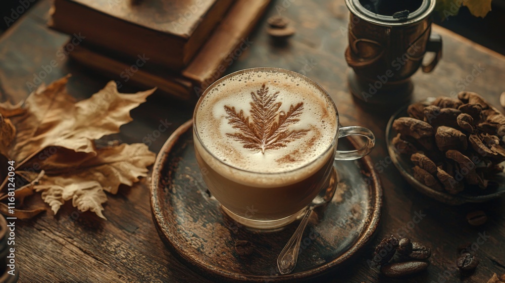 Warm Coffee with Leaf Design on Foam Surrounded by Books, Nuts, and Coffee Beans on Rustic Wooden Table Warm Coffee with Leaf Design on Foam Surrounded by Books, Nuts, and Coffee Beans on Rustic Wooden Table