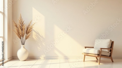 Serene Minimalist Interior Design A Light-Filled Room with a Comfortable Armchair and Dried Pampas Grass in a White Vase
