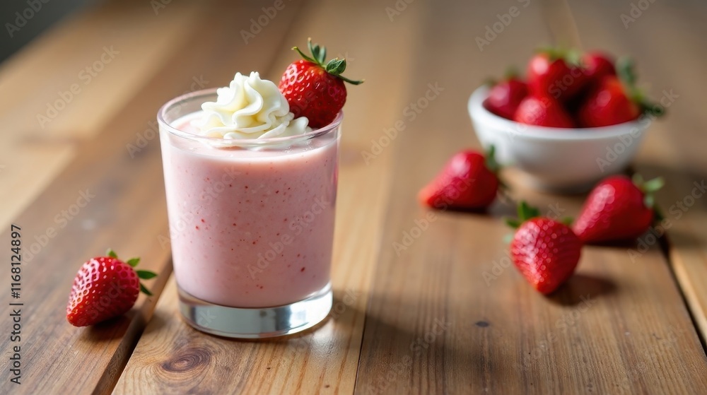 A refreshing strawberry smoothie topped with whipped cream, served in a glass on a rustic wooden surface, accompanied by fresh strawberries. A refreshing strawberry smoothie topped with whipped cream, served in a glass on a rustic wooden surface, accompanied by fresh strawberries.