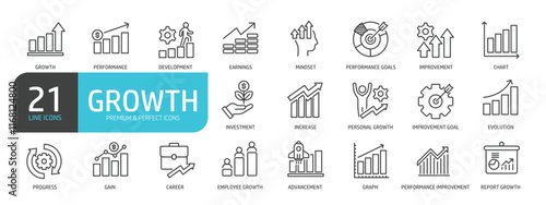 Set of line icons related to growth, increase, gain, chart. Outline icons collection. Editable stroke. Vector illustration.