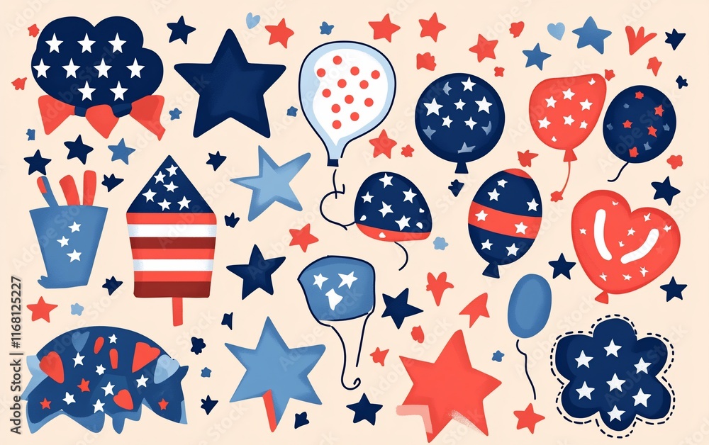 Obraz premium Patriotic red, white, blue star and balloon set.