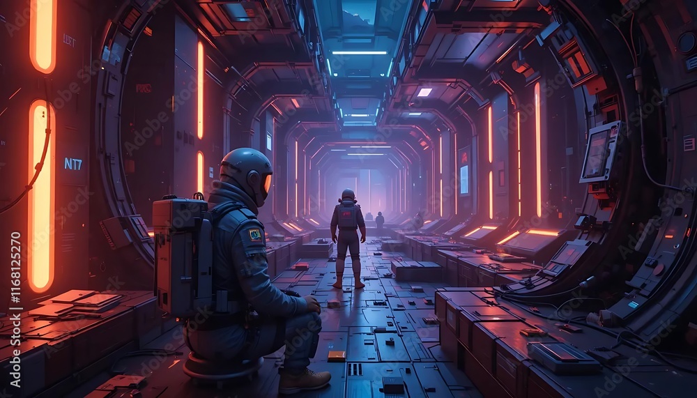 custom made wallpaper toronto digitalAstronaut Seated Futuristic Spaceship Corridor Neon Lights