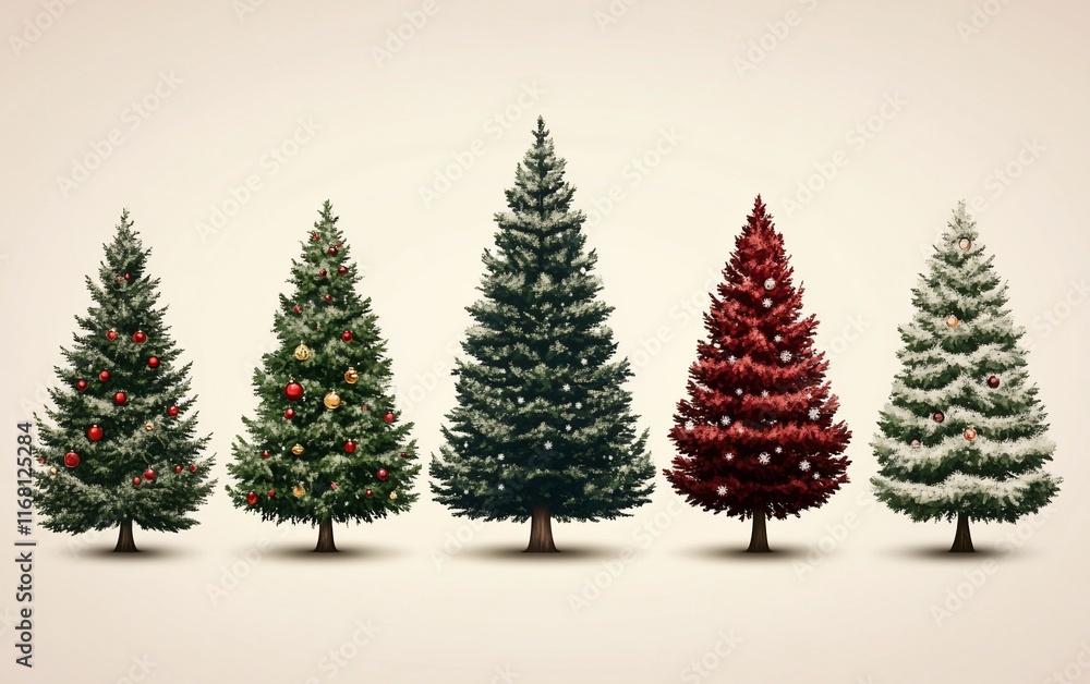 Five decorated and undecorated fir trees in a row. Five decorated and undecorated fir trees in a row.