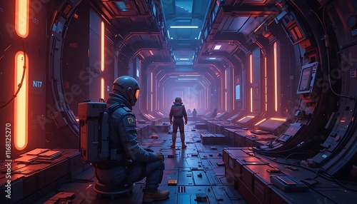 Wallpaper Mural Astronaut Seated Futuristic Spaceship Corridor Neon Lights Torontodigital.ca