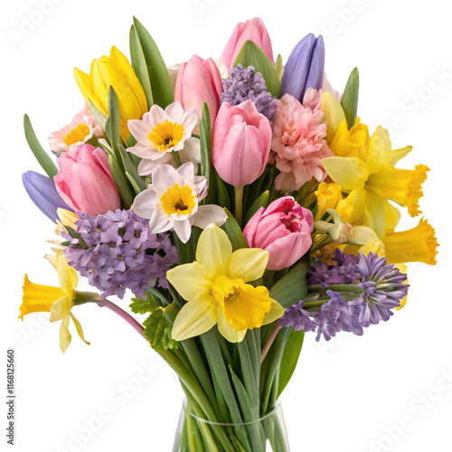 Bright spring flowers, including tulips, daffodils, and hyacinths in a vase, captured on a white background. Concept of spring beauty photo