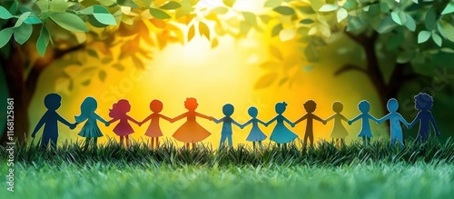 Diverse Figures in Paper Cutout Form Holding Hands on Green Grass Under Sunlight photo