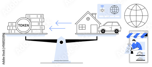 Scale balances token coins with a house and car, depicting asset tokenization. Connectivity elements include wireless, globe, and online shopping. Ideal for finance, technology, digital transactions