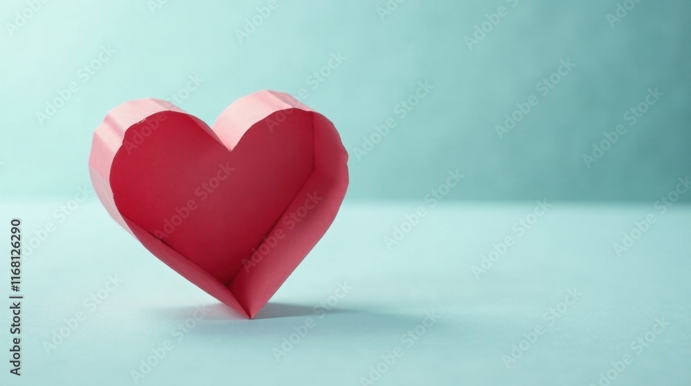 A delicately folded paper heart, a symbol of affection and handmade artistry, rests on a serene, light-blue surface A delicately folded paper heart, a symbol of affection and handmade artistry, rests on a serene, light-blue surface