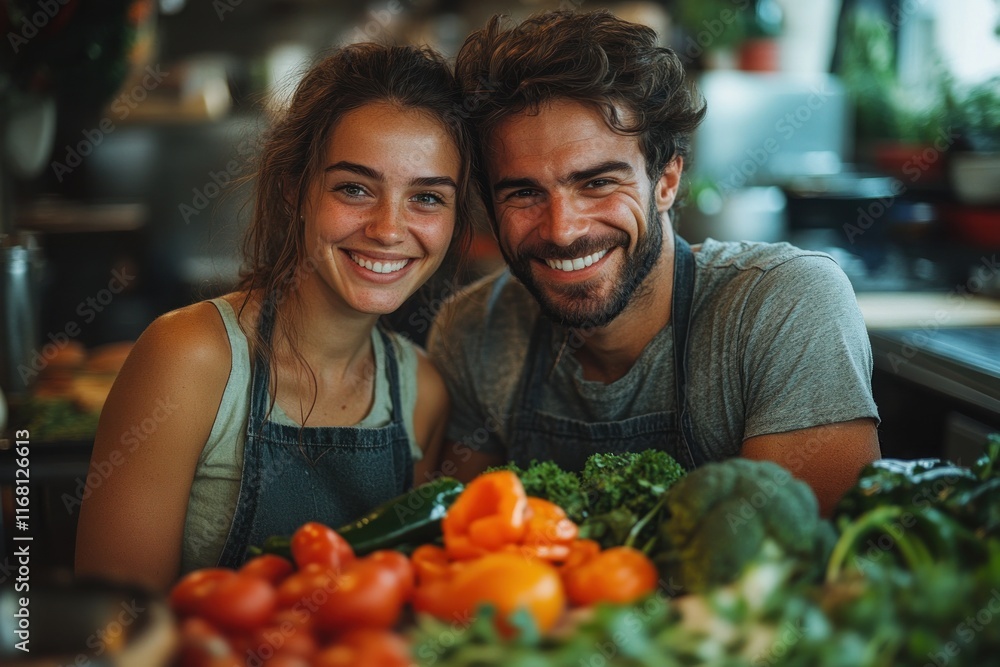 Couple Cooking Together in Modern Kitchen with Colorful Vegetables Couple Cooking Together in Modern Kitchen with Colorful Vegetables