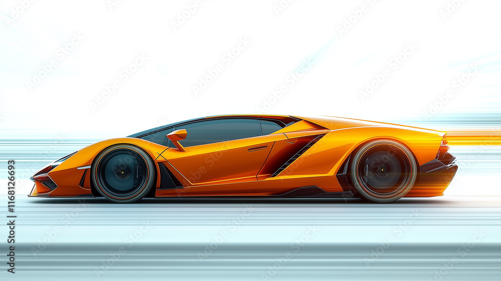Fototapeta premium Orange Sports Car Speeding – Side View of High-Performance Vehicle in Motion