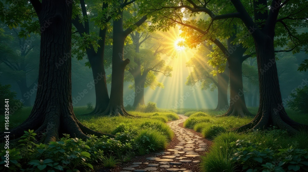 Fototapeta premium Sunlit Path Through a Mystical Forest with Lush Greenery and Ancient Trees